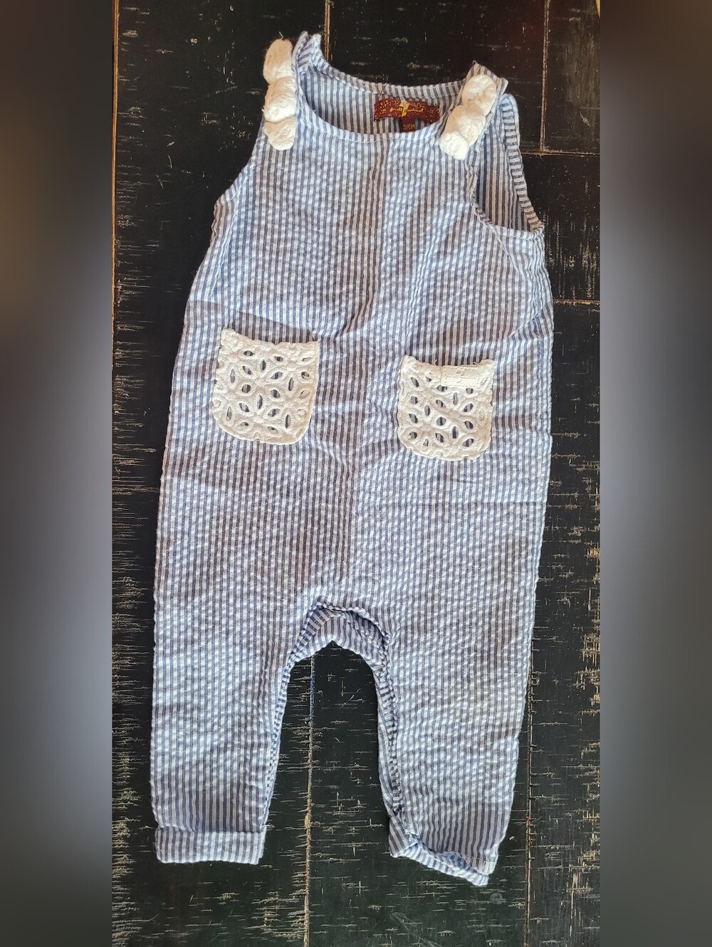 Blue Striped Baby One-Piece Romper with Lace Pockets